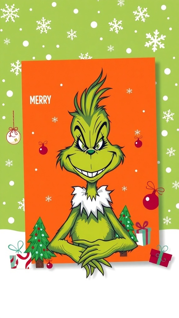 A colorful Grinch-themed Christmas card with festive decorations and a playful illustration.